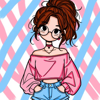 girl with a messy ponytail glasses a baggy crop top and jean shorts