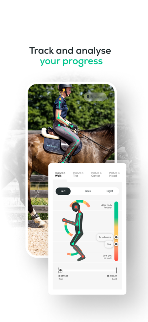 Ridesum - Ridesum app screenshot showing AI equestrian seat analytics and posture tracking