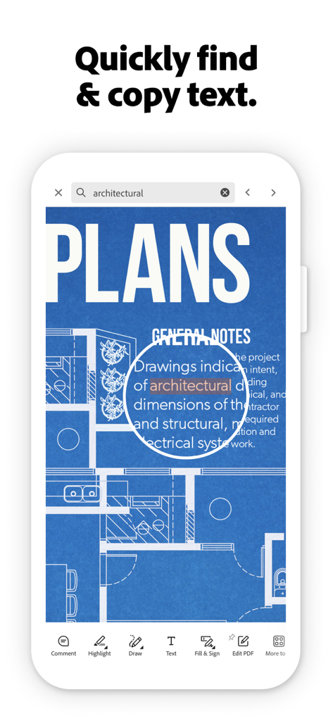 Adobe Acrobat Reader 앱이 건축 평면도 문서에서 텍스트 검색 및 복사 기능을 보여줌