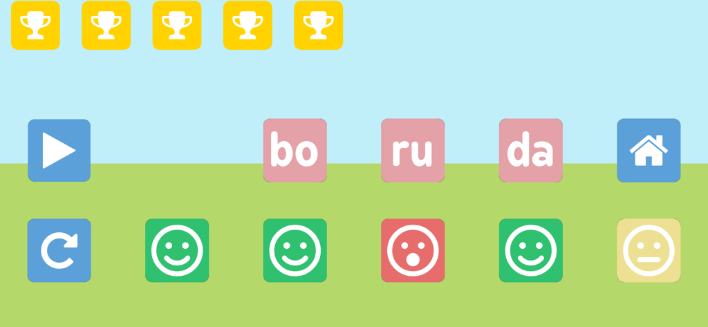 Impariamo le sillabe - Game screen of an Italian educational app showing syllables and reward trophies