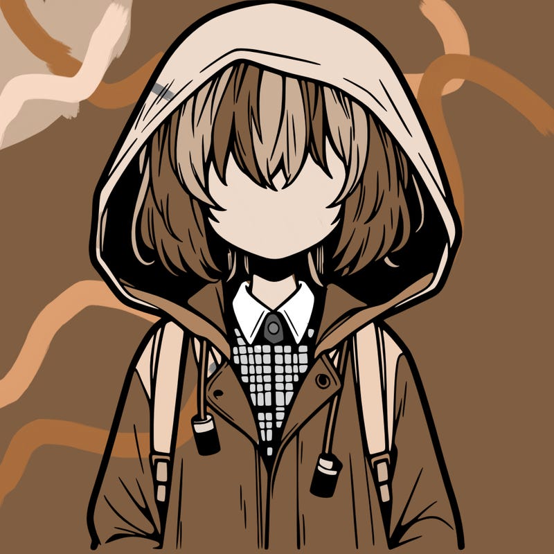 little anime girl in a raincoat her hair is covering her eyes she has a lighter