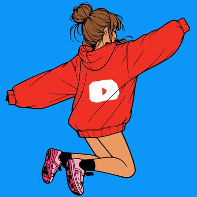 realistic girl jumping with a bun and oversized sweatshirt