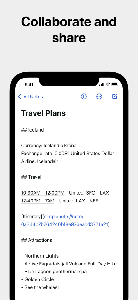 Simplenote - Simplenote app interface showing a travel plan note with Markdown formatting