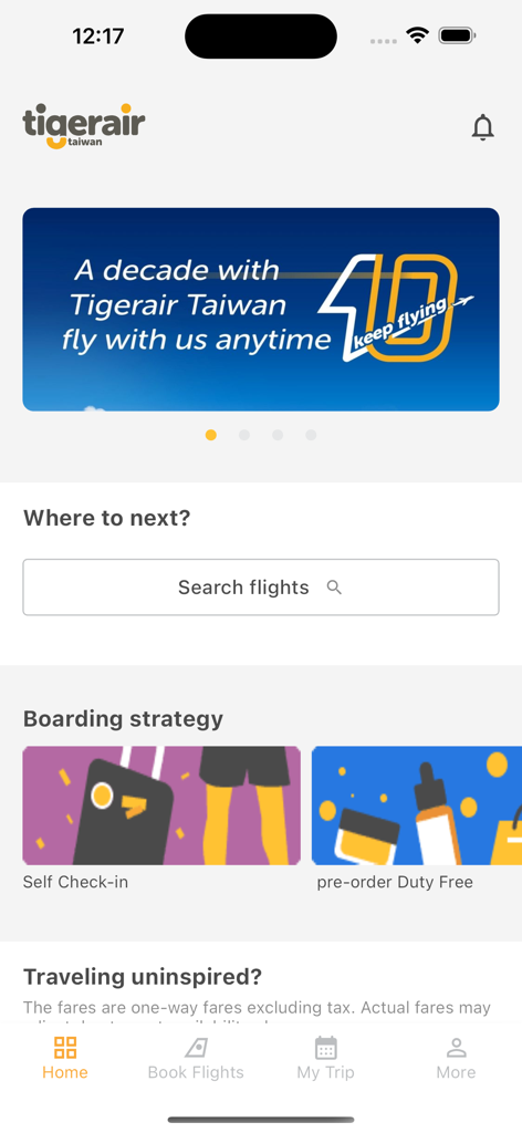 Home screen of the Tigerair Taiwan mobile app featuring a flight search bar and boarding strategy options