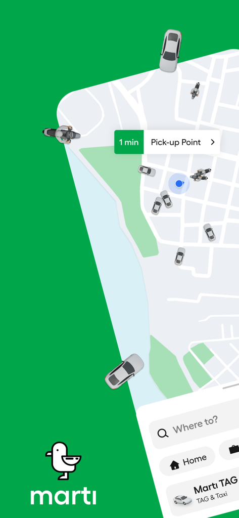 Carte de l'application Marti montrant des voitures et des scooters à proximité pour le transport urbain
