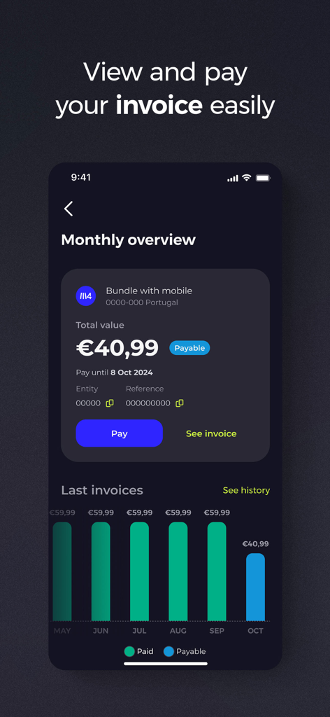Panoramica della fattura mensile e grafico della cronologia dei pagamenti nell'app my MEO