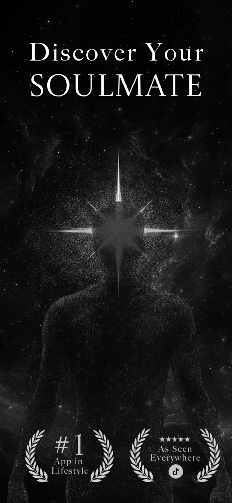 Tela inicial do aplicativo Amora com uma silhueta humana estrelada em um fundo de galáxia e o texto Descubra Sua Alma Gêmea.