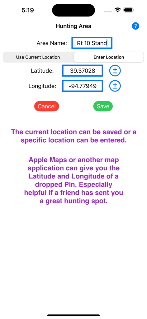 Whitetail Hunter U.S. - Hunting area setup screen with coordinate entry fields in the Whitetail Hunter U.S. app.