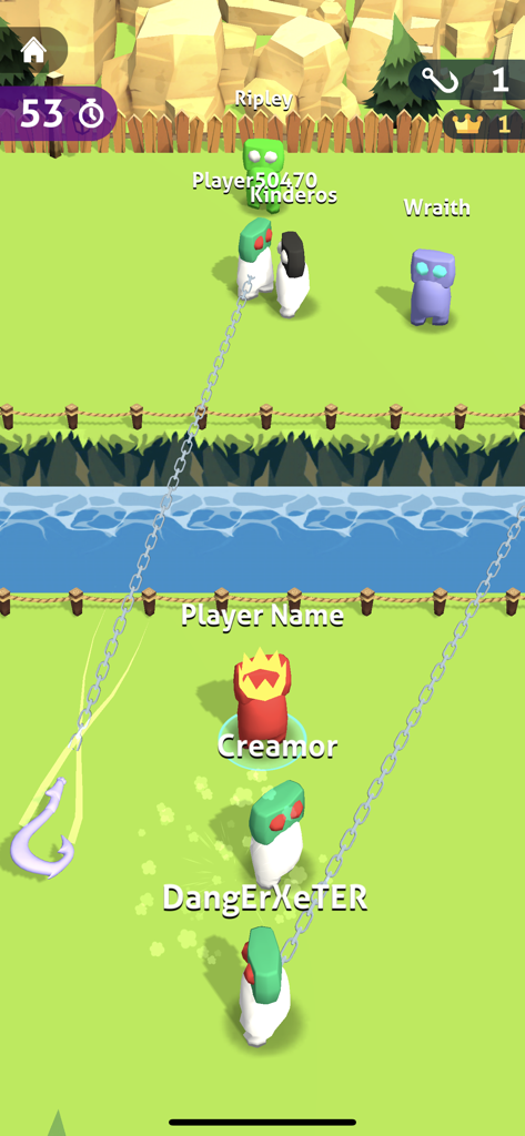 A red character with a crown using a hook to catch opponents across a river in a competitive arena
