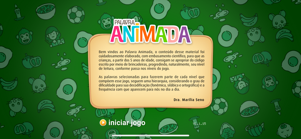 Welcome screen of Palavra Animada educational app with an introductory text for parents and educators.