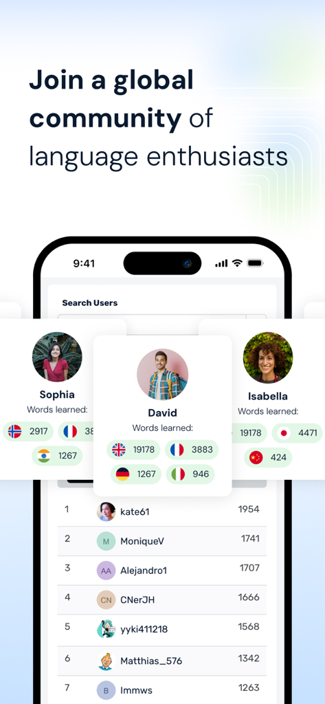 Language Learning | LingQ - LingQ app community screen showing user profiles and vocabulary progress stats across various languages
