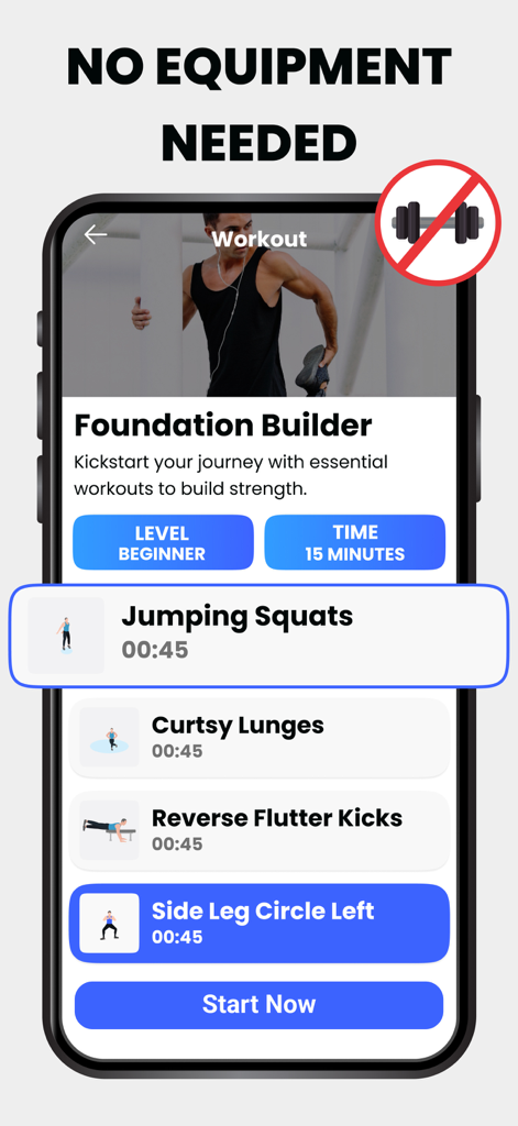 Leg Workouts & Butt Workout - Interfaz de la aplicación Leg Workouts que muestra una rutina para principiantes de 15 minutos sin equipo.