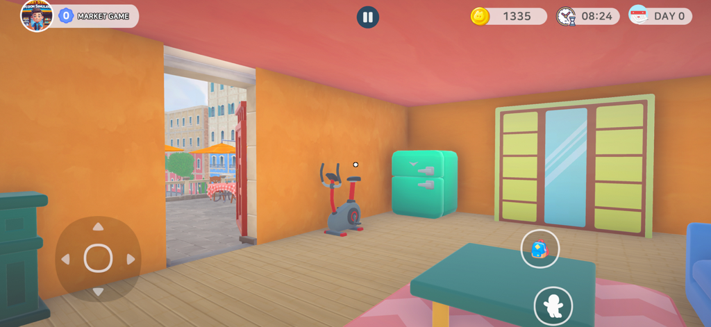 Market Street Tycoon Simulator - Vista en primera persona del interior de un apartamento colorido con una nevera y una bicicleta estática en Market Street Tycoon Simulator