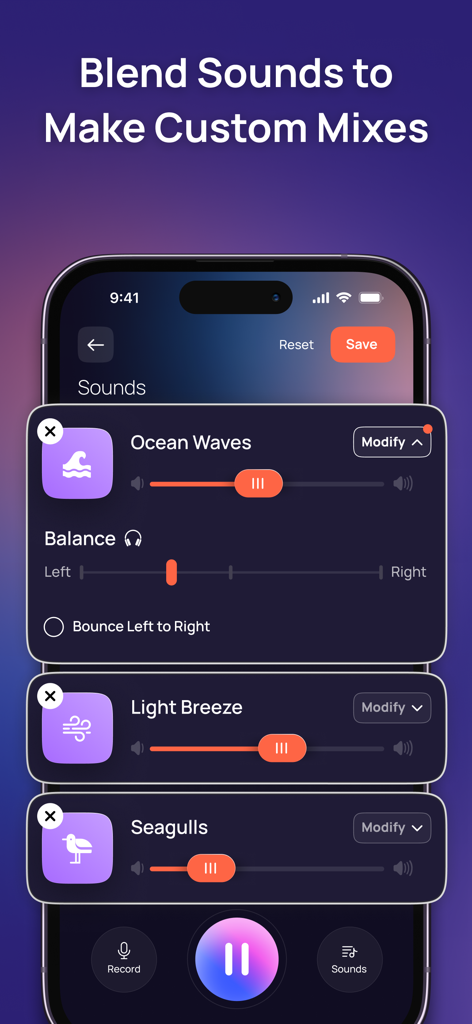 Dwellspring: Sleep Sounds - Dwellspring app interface for blending sounds and creating custom audio mixes