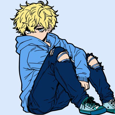 a male hoddie ripped jeans messy hair anime