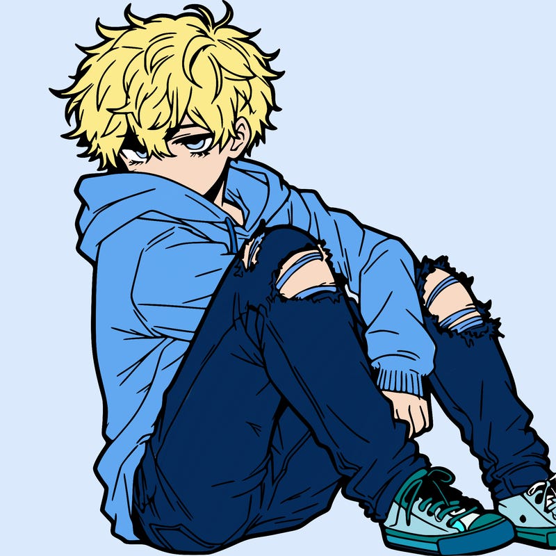 a male hoddie ripped jeans messy hair anime