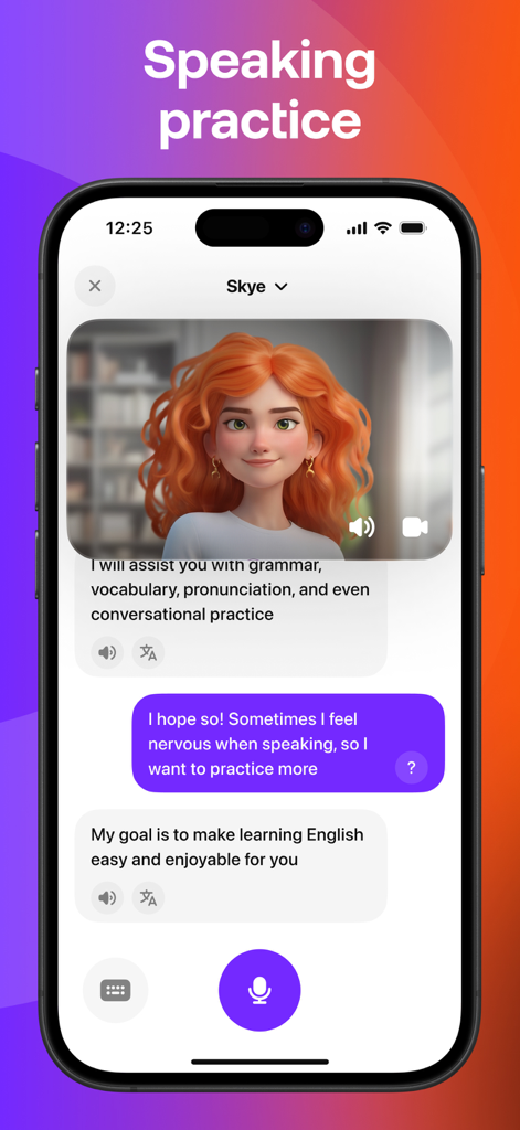 Praktika – AI Language Tutor - Praktikaアプリで、Praktikaアプリで英語のスピーキング練習のためにSkyeという名前のAIアバターとの会話を示すモバイル画面。