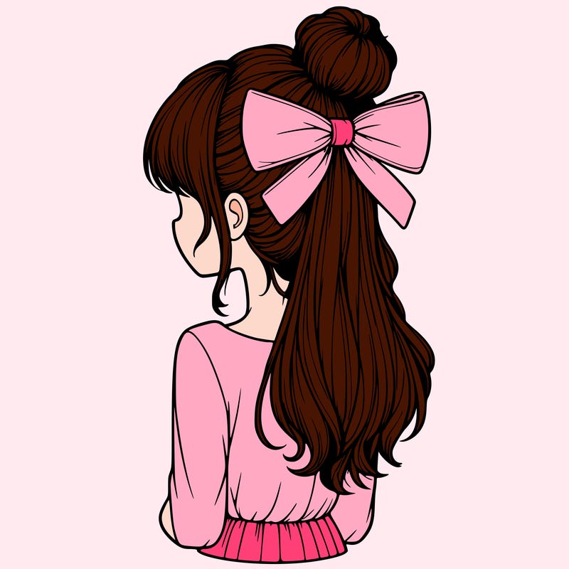 realistic girl  with hip length hair a bun and a big bow on the back of head