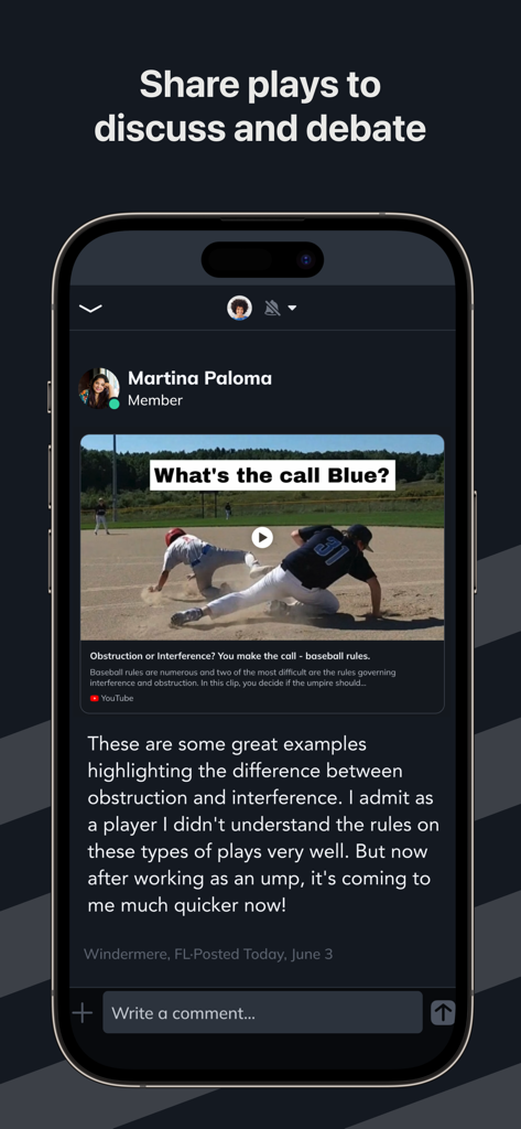 RefMasters Community - RefMasters Community app interface showing a social media post where users discuss and debate a baseball play regarding obstruction and interference.