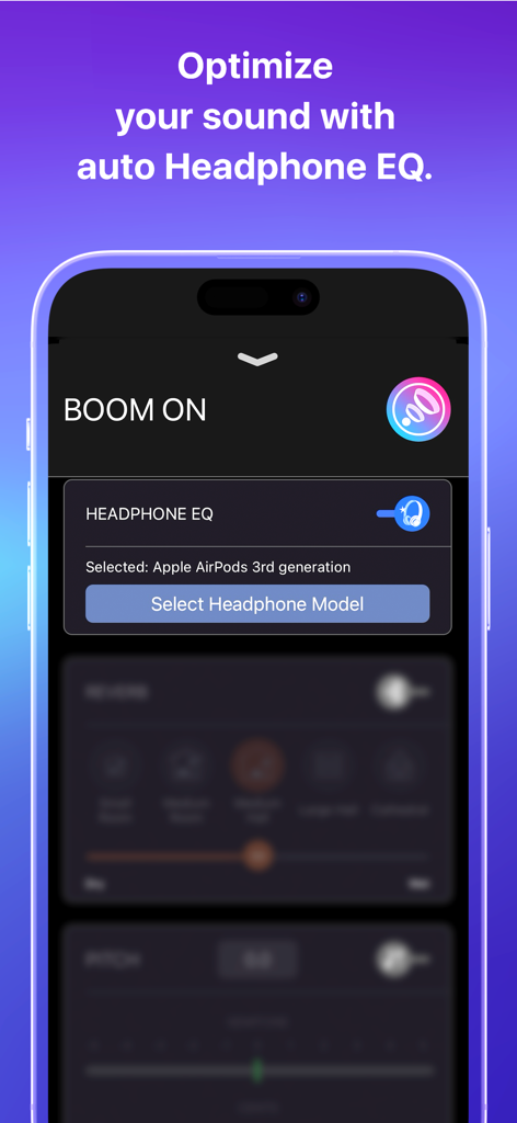 A screenshot of the Boom app featuring the auto Headphone EQ setting selected for Apple AirPods