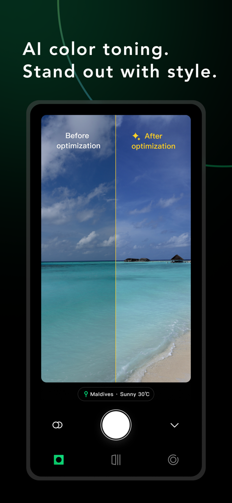 Before and after comparison of AI color toning in WeCamera app