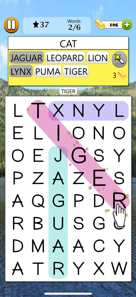 Word Search - Word Game - 그림 같은 산 호수 배경에 강조 표시된 동물 이름이 있는 단어 검색 게임 스크린샷.