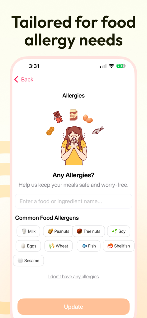 Meal Plan Identifier - Foojy - Pantalla de configuración de alergias alimentarias de la aplicación Foojy con opciones para leche, maní y trigo para personalizar los planes de comidas