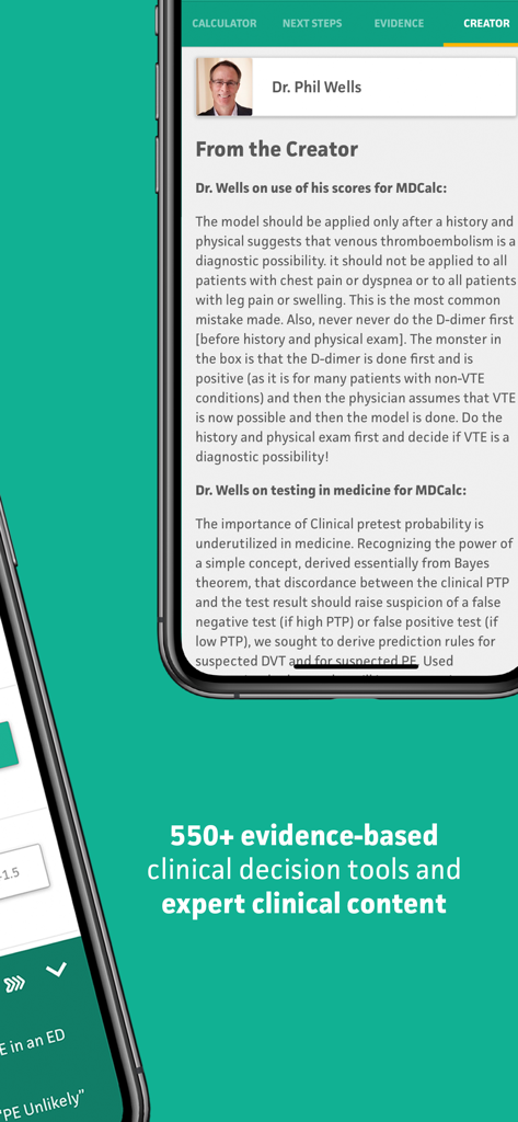 MDCalc Medical Calculator - MDCalc app interface displaying expert clinical insights and creator commentary from Dr Phil Wells.