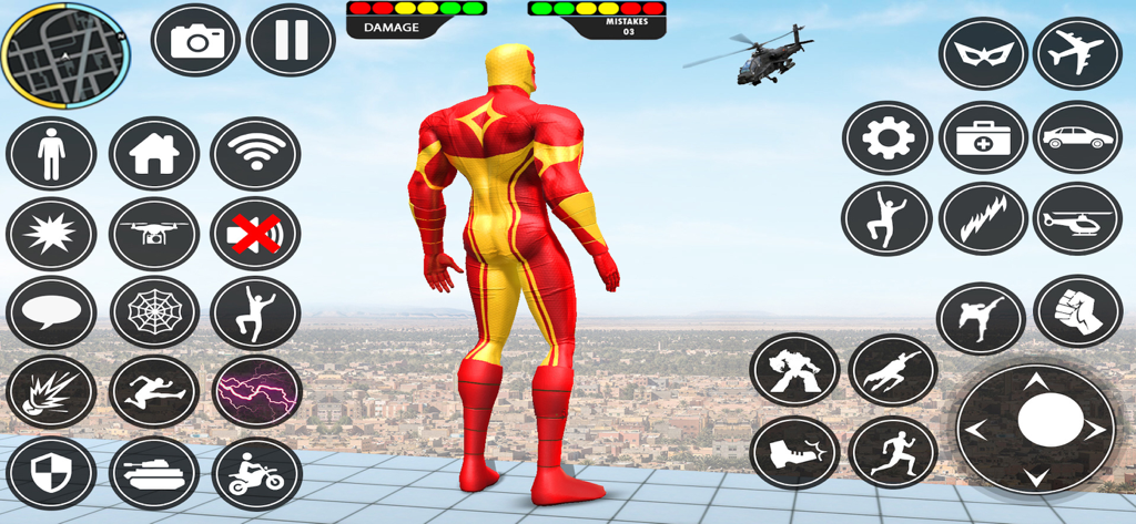 Spider Hero Games - Rope Hero - A red and yellow superhero character stands on a rooftop overlooking a vast open world city with game control icons displayed on screen.
