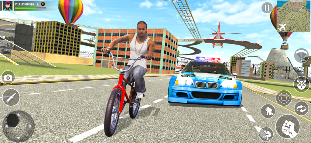 Indian Bikes And Cars Driving - A character riding a red bicycle next to a police car in a city sandbox environment