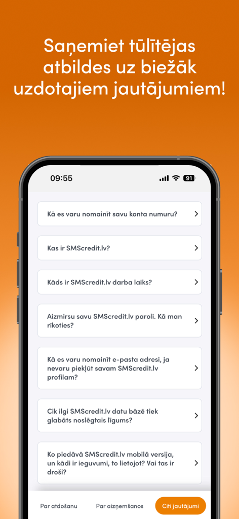 SMScredit.lv mobile app FAQ screen showing a list of frequently asked questions for users
