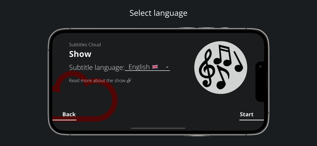 Subtitle Mobile - Subtitle Mobile app screen for selecting theater show subtitle language
