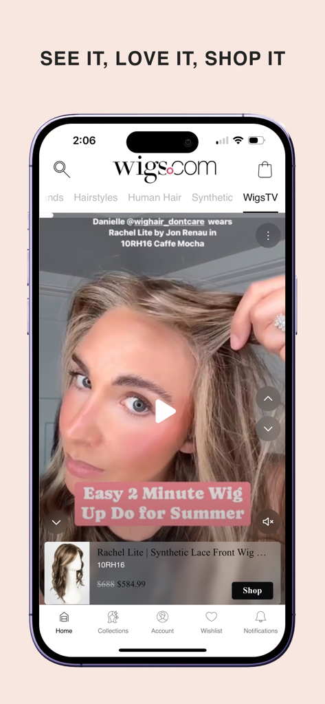Wigs.com - Smartphone screen displaying the Wigs.com app WigsTV feature with a video tutorial for styling a synthetic lace front wig.
