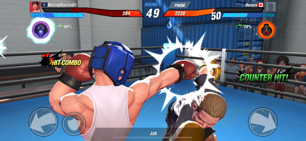 Gameplay of Boxing Star showing a boxer throwing a jab with combo and counter hit effects
