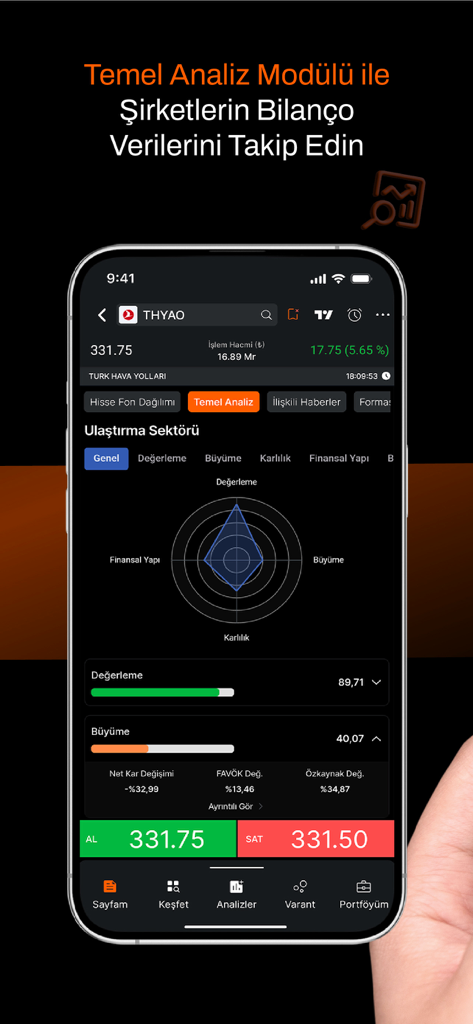 Matriks Mobil IQ: Borsa Döviz - レーダーチャートと企業貸借対照表データを示すMatriks Mobil IQアプリのファンダメンタル分析ダッシュボード。