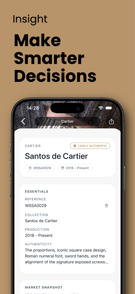 Horo ID - Watch Identifier - Horo ID app screen showing detailed watch information and authenticity status for a Cartier Santos