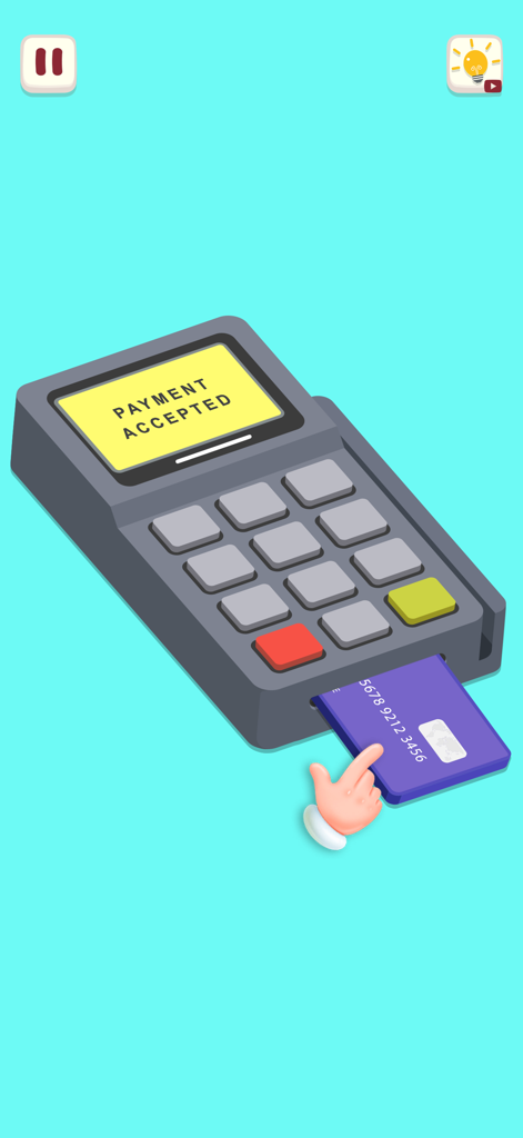 Satisfying Organize Mini games - Uma tela de jogo móvel mostrando um cartão de crédito inserido em um terminal de pagamento com a mensagem pagamento aceito