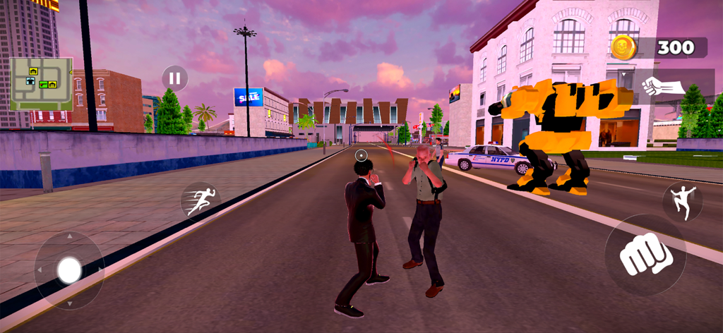 Rogue City Crime Gangster Game - Street fight scene from Rogue City Crime Gangster Game featuring a giant yellow robot and a police car in an urban setting