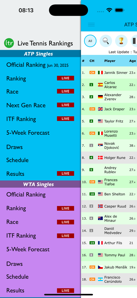 Live Tennis Rankings app showing ATP and WTA singles menu options and a live player ranking list.