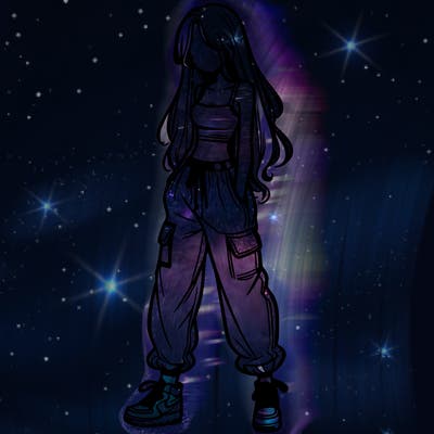 girl in baggy pants crop top and long hair