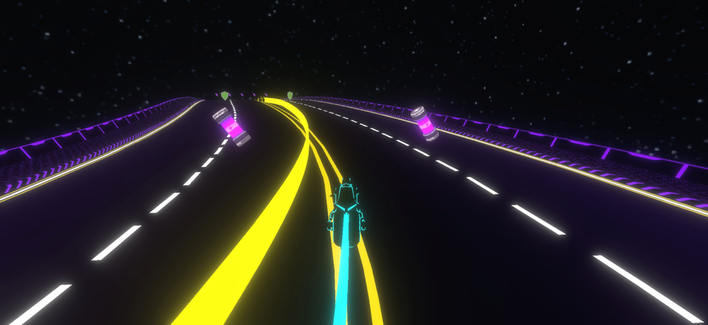 Una moto de luz de neón azul compitiendo en una pista oscura futurista con líneas amarillas brillantes y baterías de energía moradas