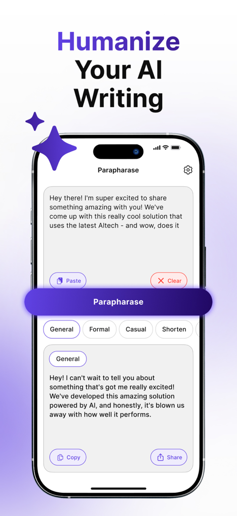Reword & Paraphrase Tool - Interface de l'application mobile Reword and Paraphrase Tool montrant les options pour humaniser et réécrire le texte généré par l'IA.