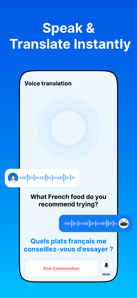 Translator・Photo Translator - Smartphone screen displaying a live voice translation conversation from English to French