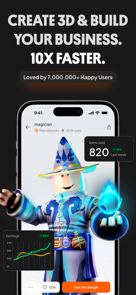 Customuse: 3D Skin Creator - Customuse app interface showing a 3D wizard avatar with digital fashion sales and earnings metrics.