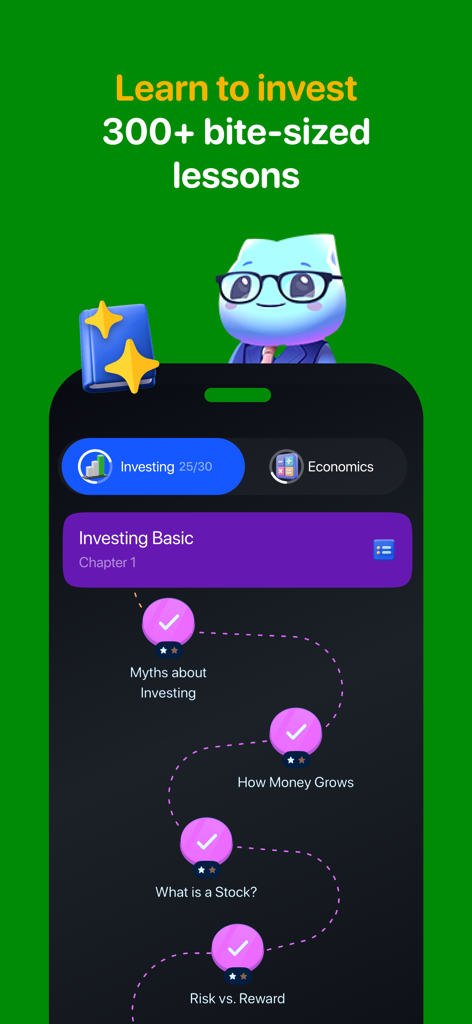 Bloom app interface displaying a gamified journey with bite-sized investing lessons for teens and young adults.