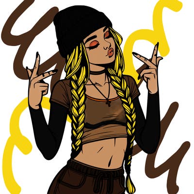 realistic teenage girl with braids and a beanie and crop top doing 🫶🏼