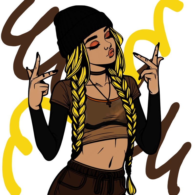 realistic teenage girl with braids and a beanie and crop top doing 🫶🏼