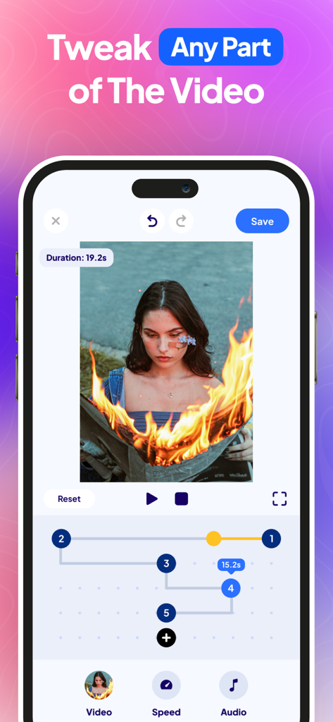 Interface de l'application Reverse Video Reverser montrant comment modifier des segments d'une vidéo