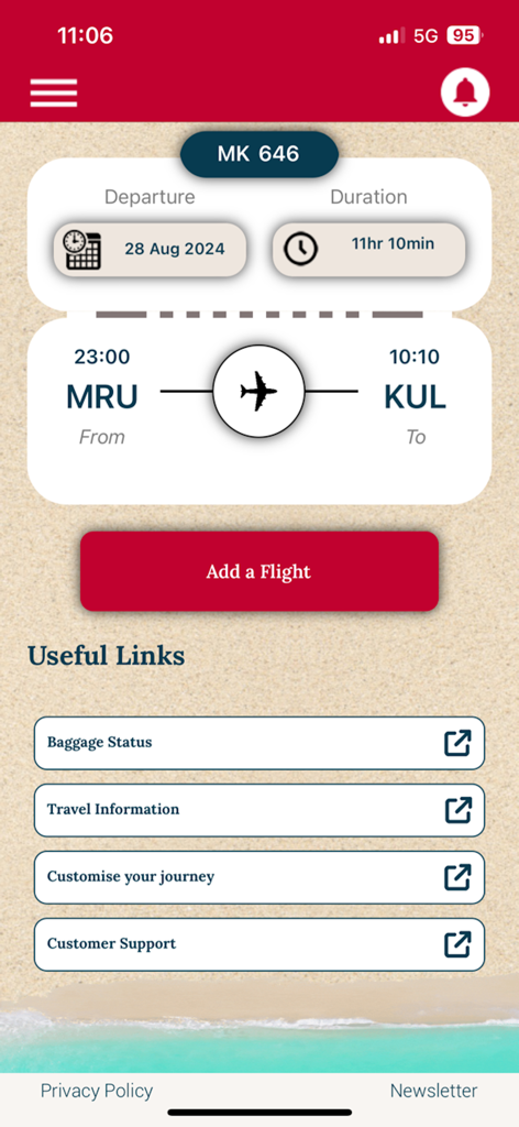Air Mauritius app screen displaying flight details from Mauritius to Kuala Lumpur and useful links