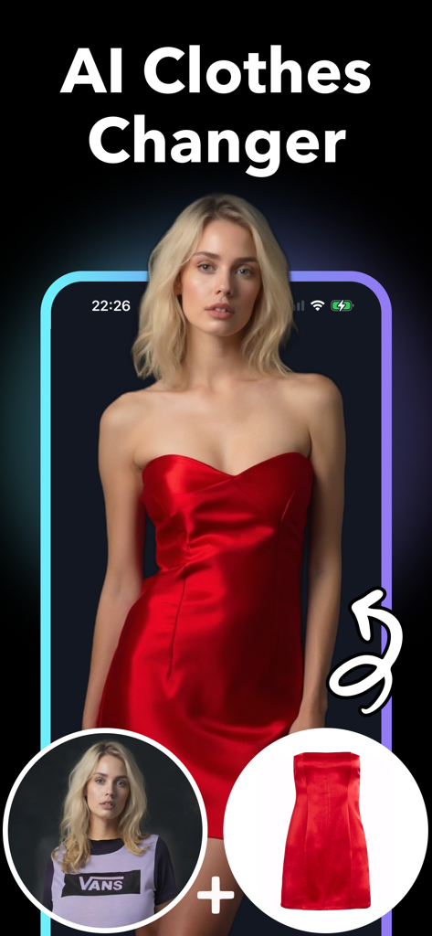AI Clothes Changer + - AI Clothes Changer app showing a woman virtually trying on a red dress